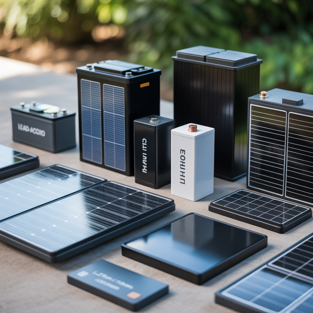 Différents modèles de batteries solaires de plomb-acide, lithium-ion et lithium fer phosphate sur une surface propre