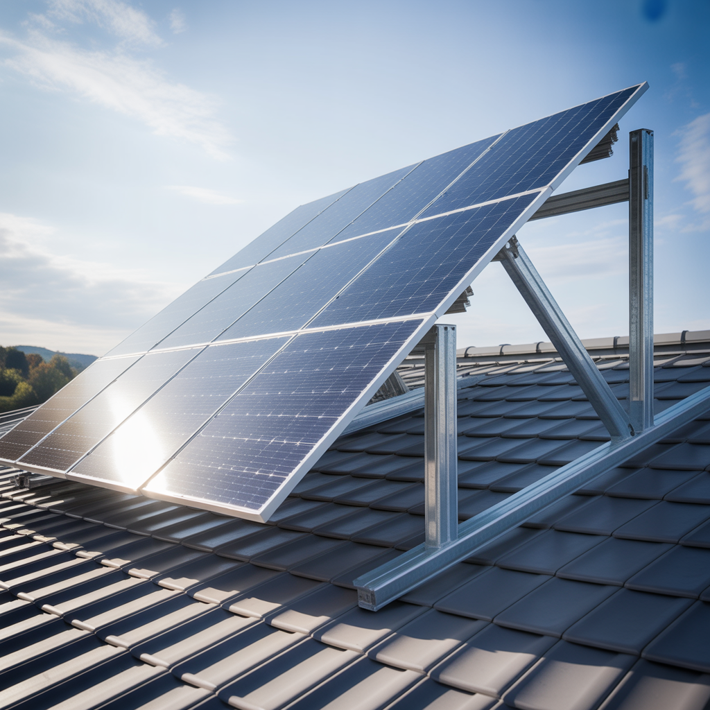 Support métallique robuste pour panneaux solaires sur toit en pente sous ciel clair