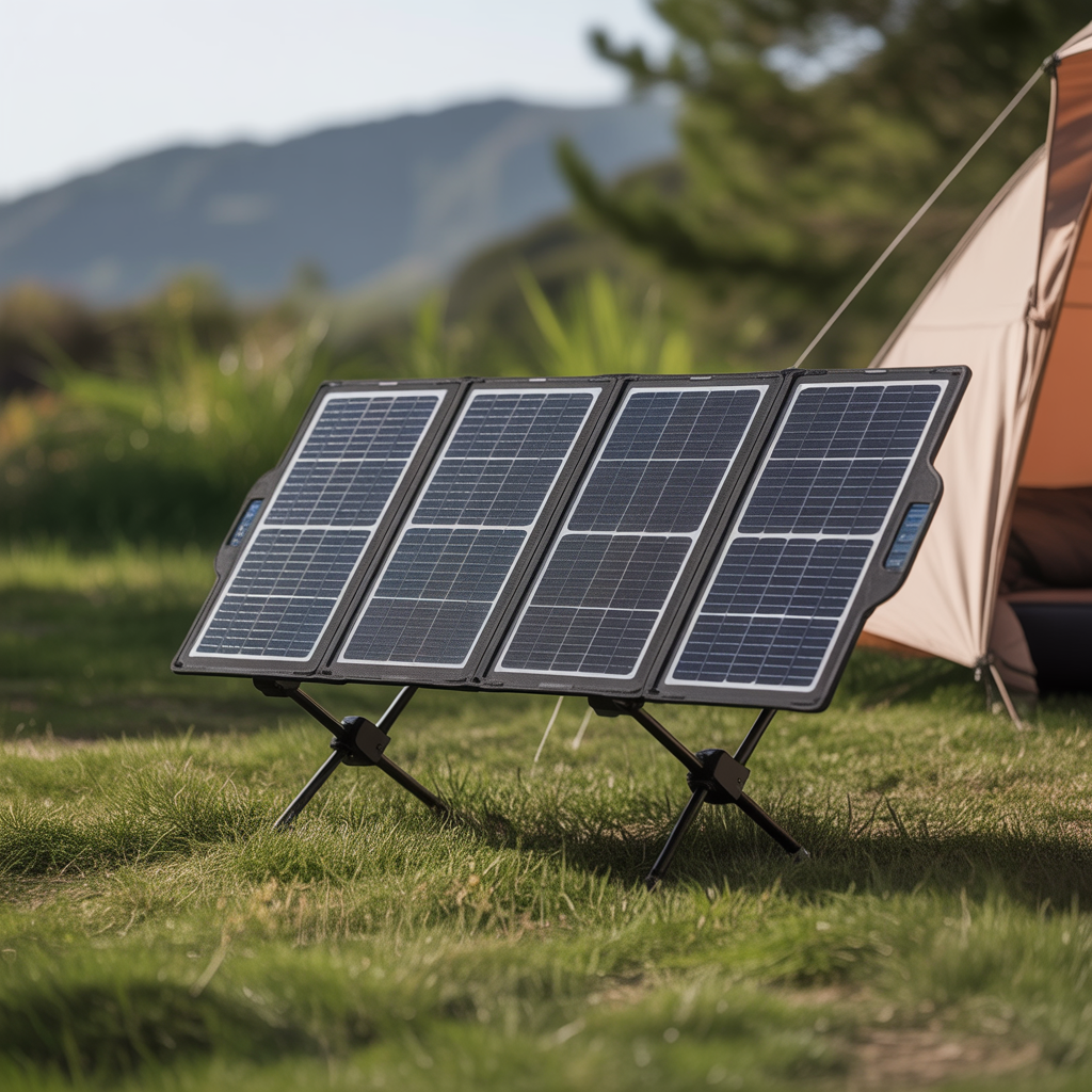 Portable 400W solar panel with monocrystalline cells on adjustable stand outdoors in natural sunlight