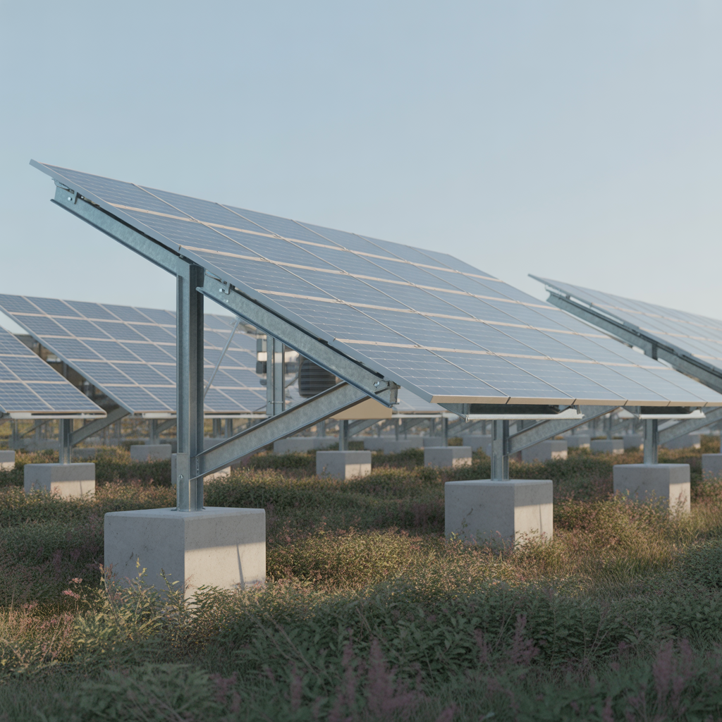 Panneaux solaires inclinés montés au sol sur cadre métallique avec piliers en béton et pieux hélicoïdaux sous ciel clair