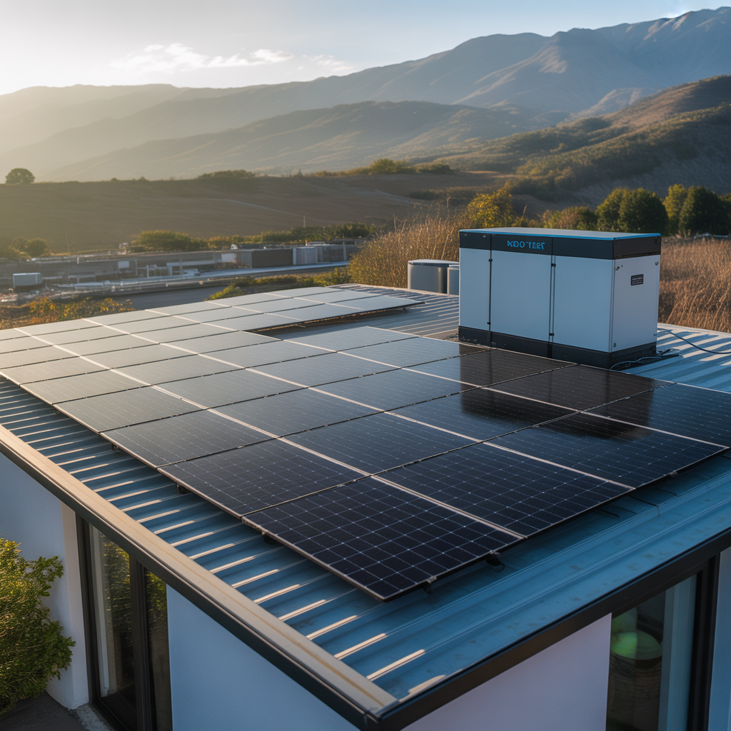 Installation solaire résidentielle avec 12 panneaux photovoltaïques et unité de stockage batterie moderne sur toit