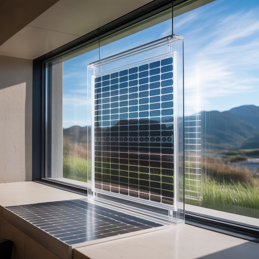 Panneau solaire transparent dans une fenêtre moderne avec textures nanoparticulaires visibles et lumière naturelle