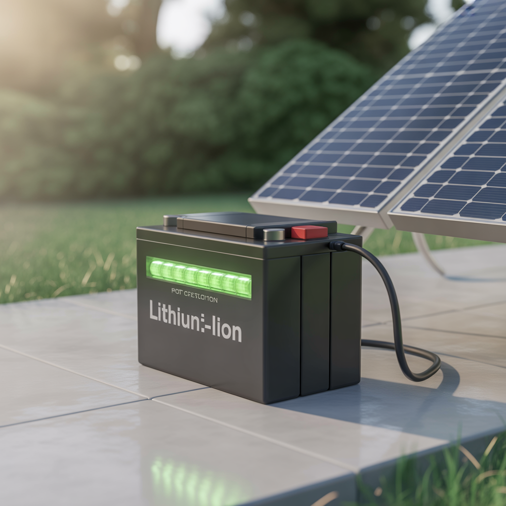Batterie lithium-ion moderne reliée à un panneau solaire en extérieur avec reflets de soleil