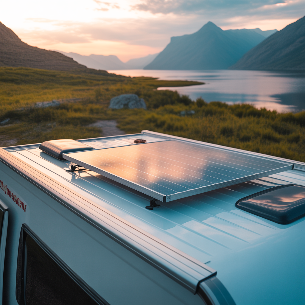 Camping-car équipé d’un panneau solaire monocristallin sur le toit sous le soleil en environnement naturel
