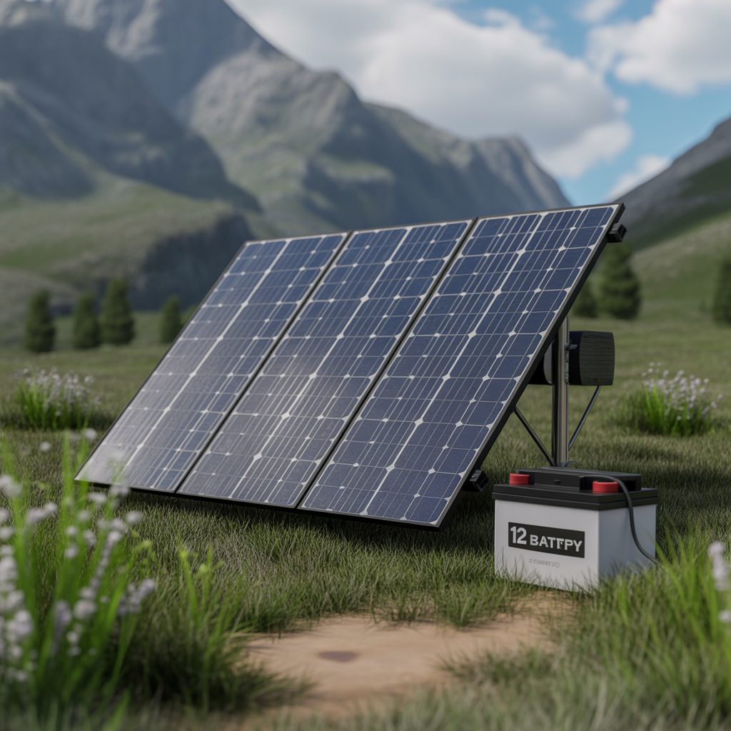 Monocrystalline 12V solar panel connected to a 12V battery in an outdoor off-grid environment with natural lighting