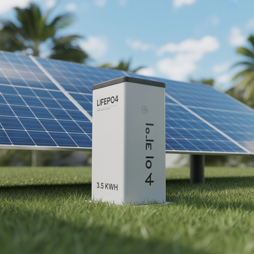 Batterie lithium fer phosphate 3.5 kWh à côté d'un panneau solaire 3000W dans un cadre technique propre