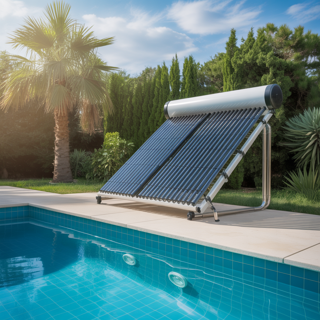 Système de panneaux solaires thermiques près d'une piscine claire dans une arrière-cour ensoleillée