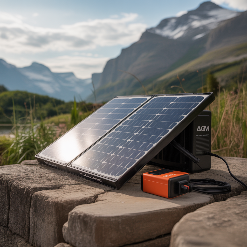 Kit solaire complet avec panneau solaire monocristallin, batterie AGM, et convertisseur de tension en photo réaliste avec éclairage naturel