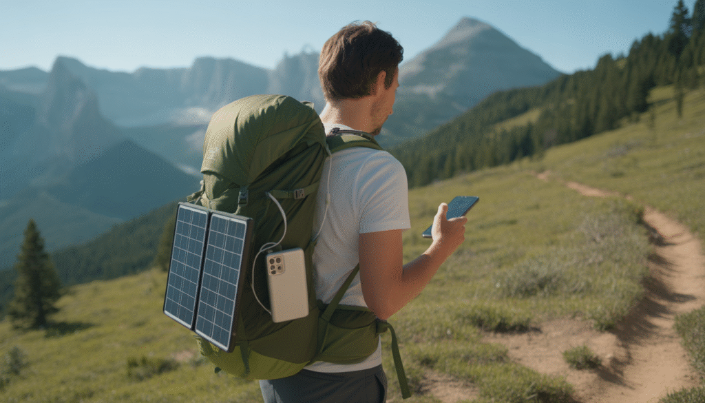 Randonneur sur un sentier de montagne avec panneau solaire chargeant un smartphone