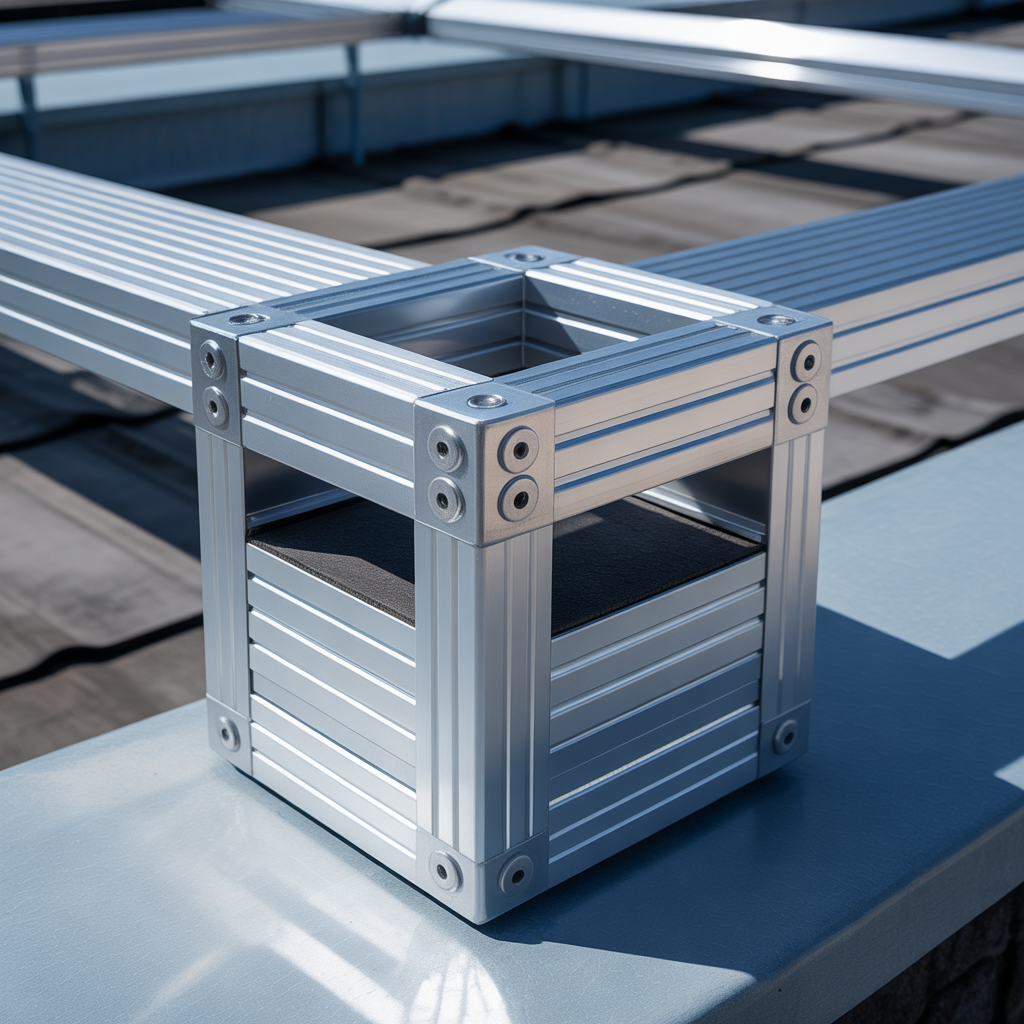 Photorealistic aluminum square rail 40x40 mm with grooves installed on rooftop