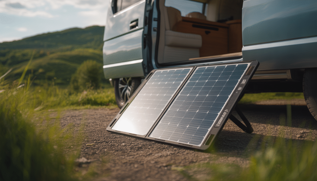 Panneau solaire portable de 200W au soleil près d’un van