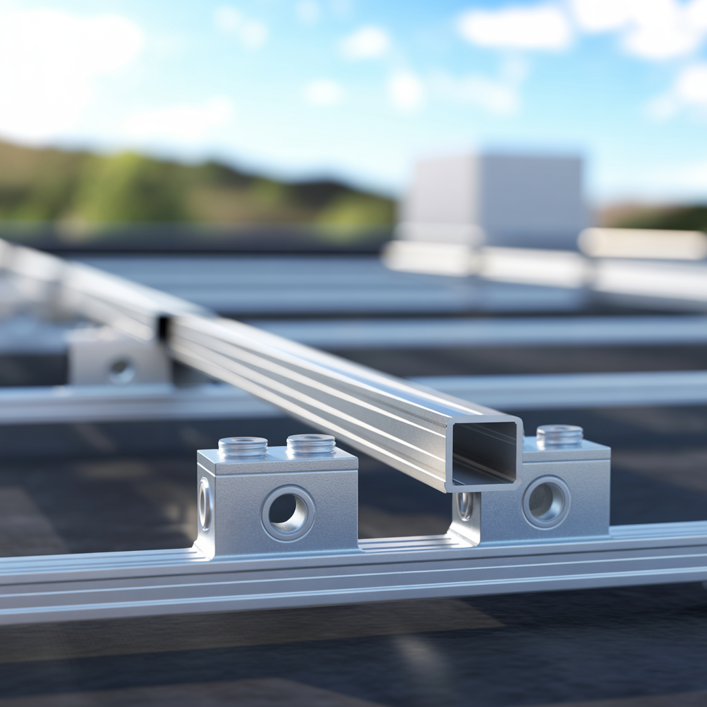 Close-up of aluminum solar panel mounting rail 40x40 mm with connectors on rooftop
