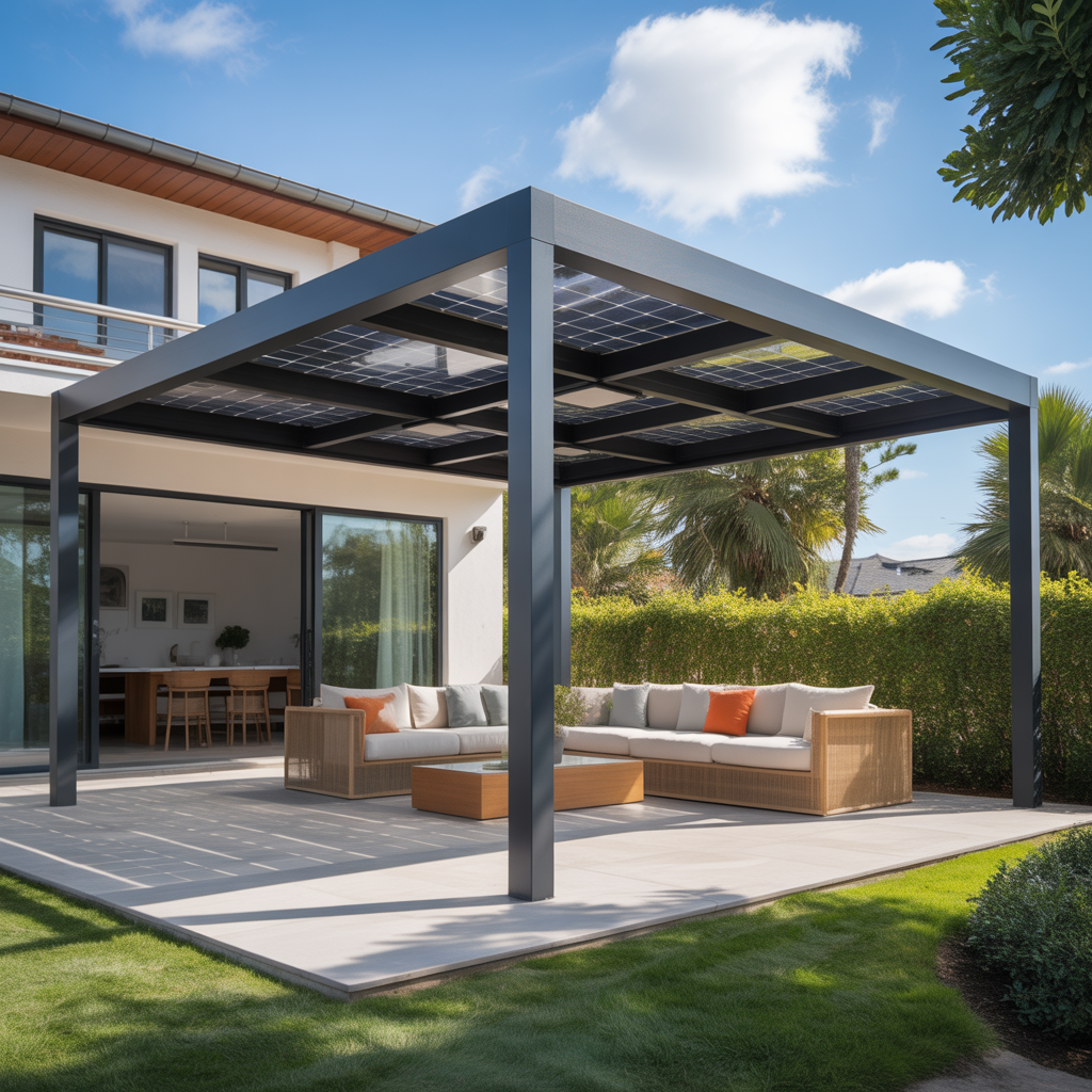 Sunlit modern pergola with solar panel roof attached to house, shaded outdoor space