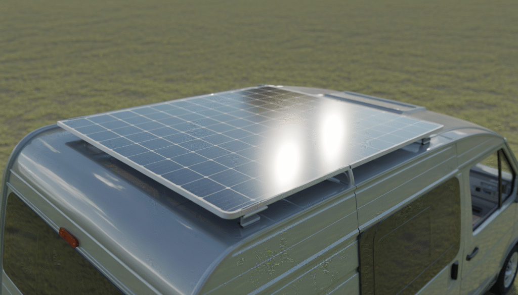 Flexible solar panel seamlessly integrated on curved camper van roof reflecting sunlight