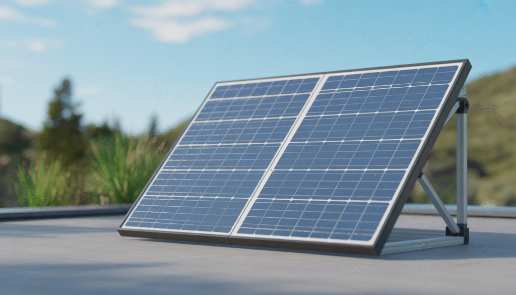 Panneau solaire rectangulaire moderne avec cellules bleues sur un toit ensoleillé