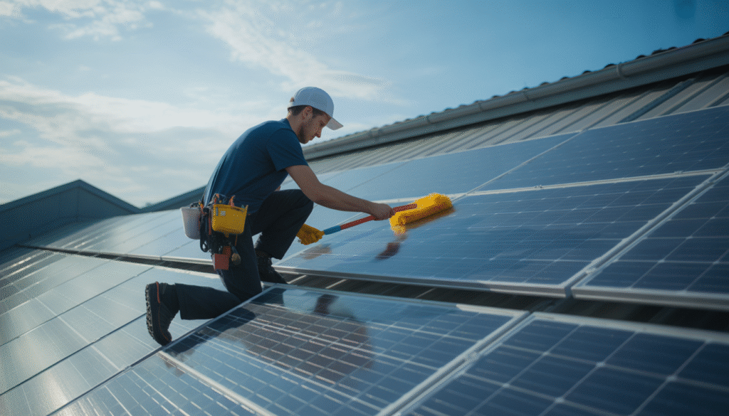 Technicien nettoyant des panneaux solaires avec graphique tarifaire