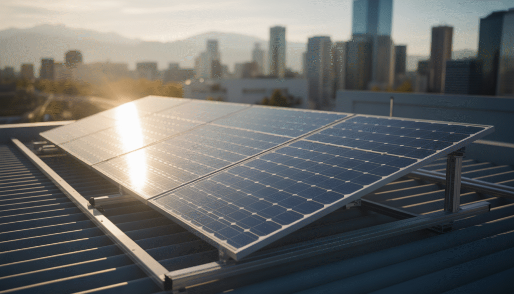 Photorealistic rooftop with monocrystalline solar panel reflecting sunlight