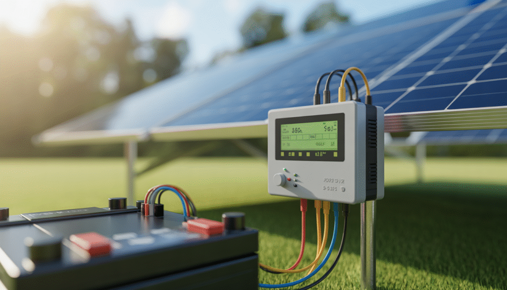 Régulateur de charge solaire connecté entre panneau et batterie en extérieur