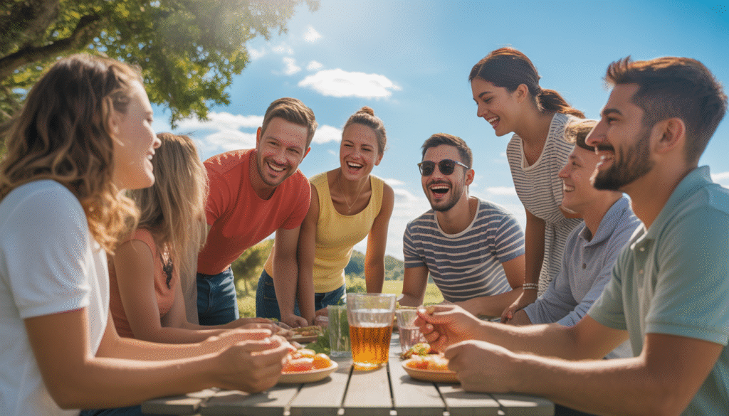 Groupe de personnes souriantes partageant un repas dehors sous un ciel bleu