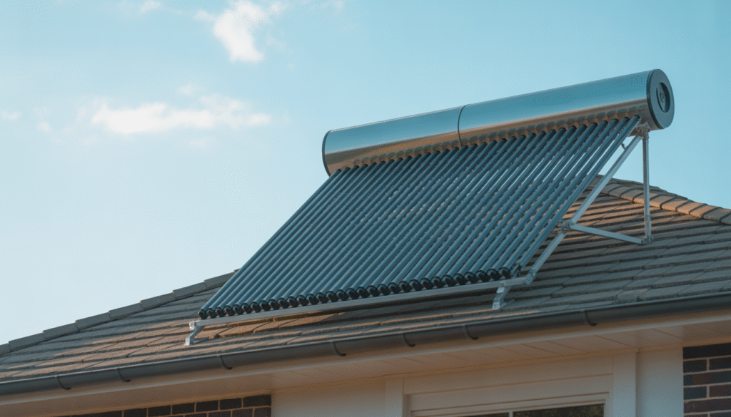 Solar thermal panel installed on roof of suburban house under clear sky