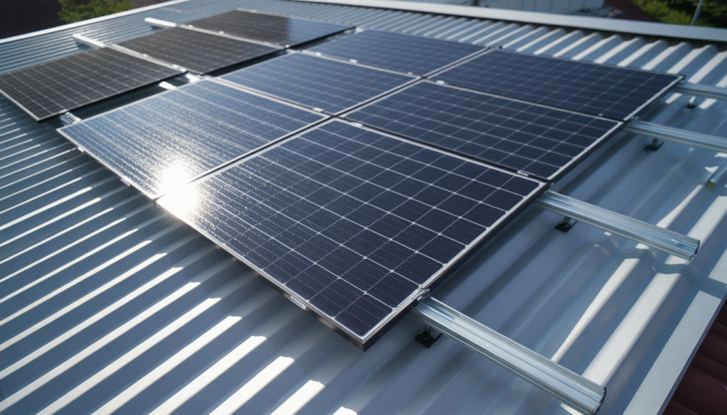 Photorealistic solar panel installation on trapezoidal steel roof with rail and clamp mounting system under sunny sky