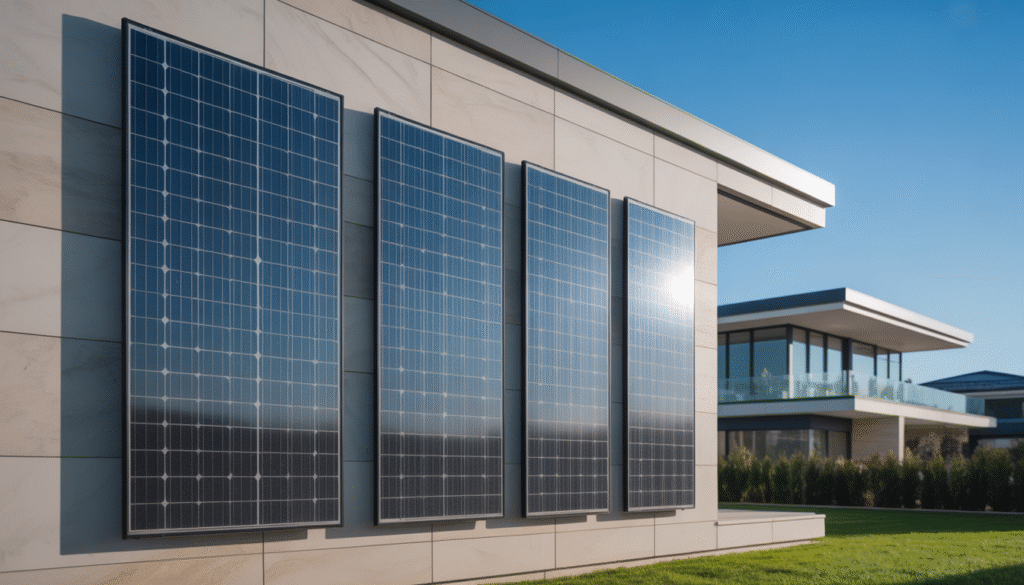 Vertical Beem solar panels on light modern house exterior