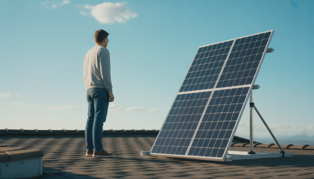 500W solar panel beside adult on rooftop in natural light
