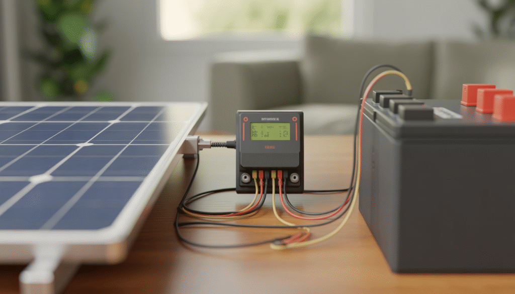 Photorealistic solar charge controller connected to a battery and solar panel with visible wiring indoors