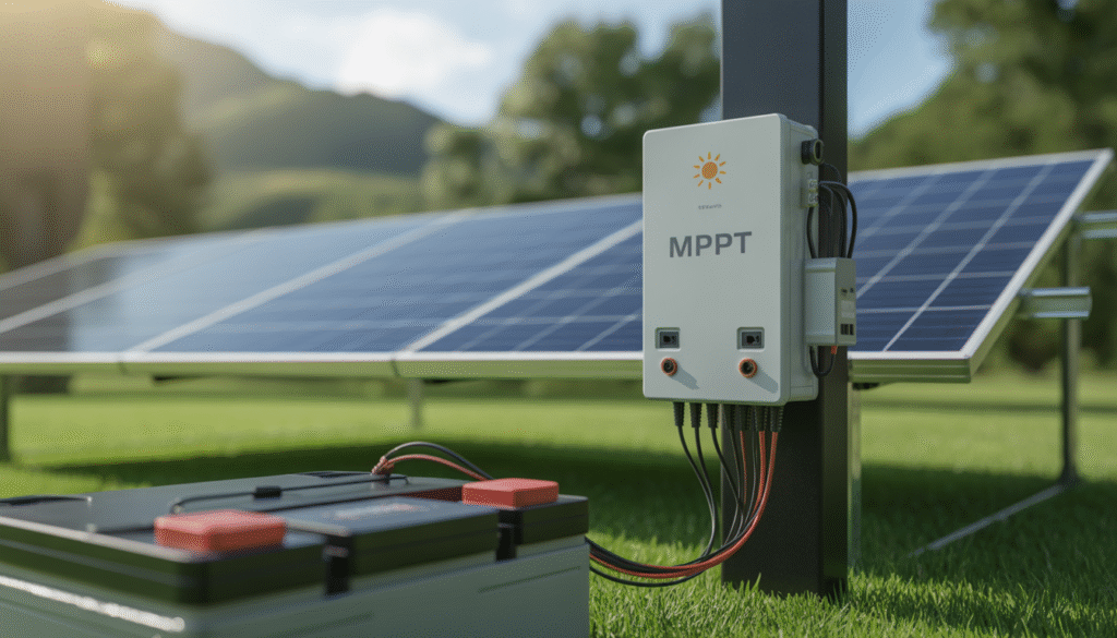 MPPT solar charge controller connected to solar panel and battery in outdoor setup