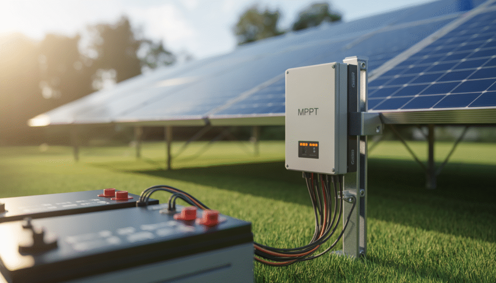 Contrôleur de charge MPPT connecté à des panneaux solaires et une batterie