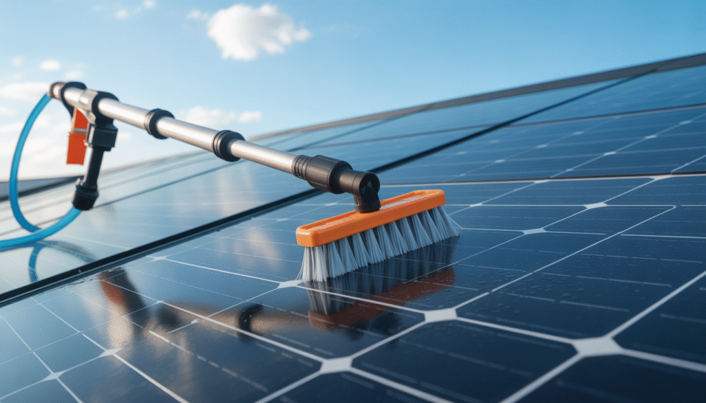 Cleaning rooftop solar panels with eco-friendly kit using telescopic pole and pure water hose