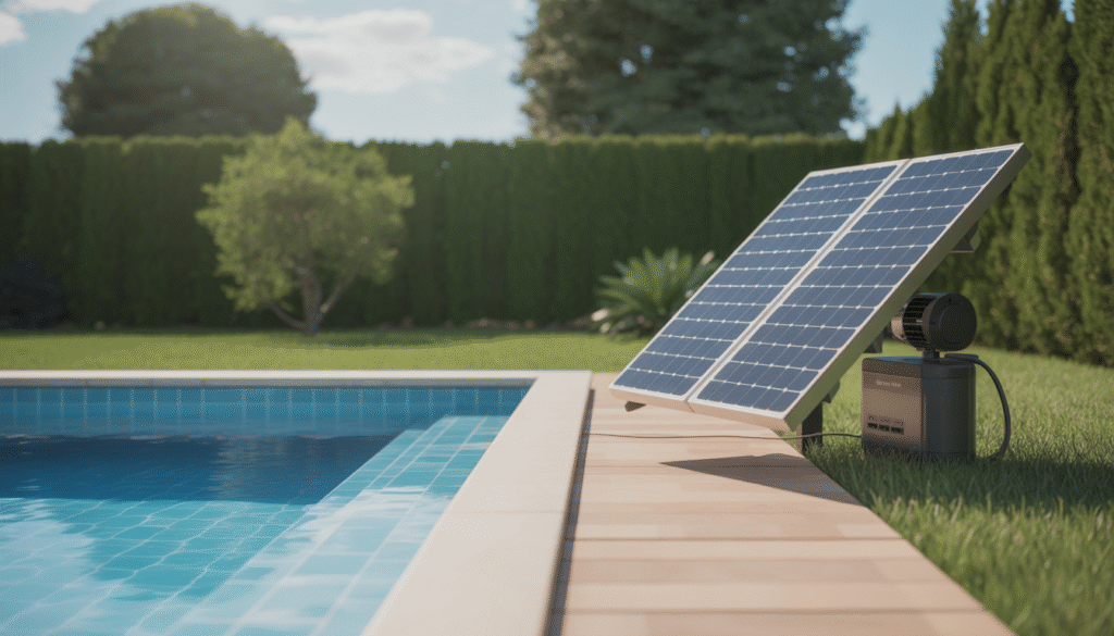 Installation de panneau solaire alimentant une pompe de piscine sous un ciel ensoleillé