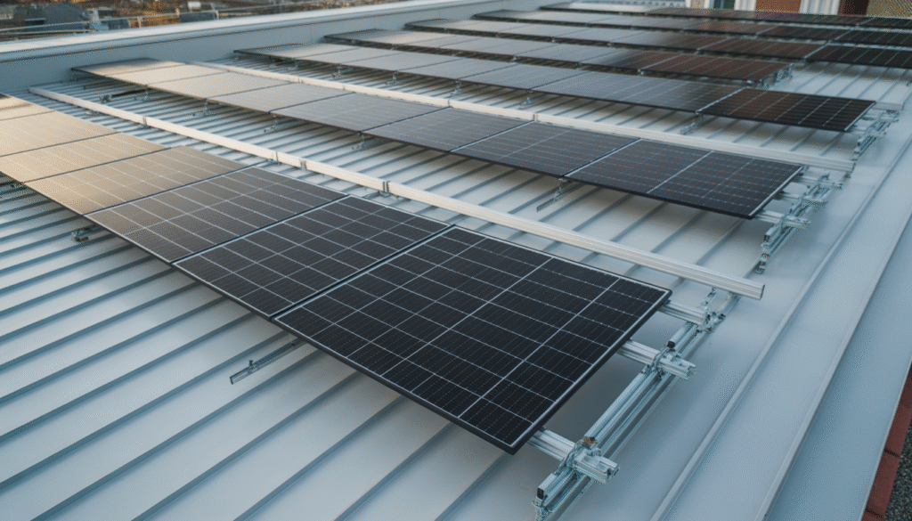 Technical image of rooftop and ground-mounted solar panel systems with visible components