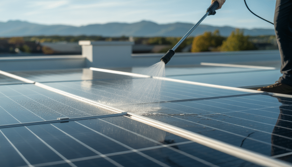 Technician cleaning rooftop solar panels with telescopic pole and soft brush under clear sky