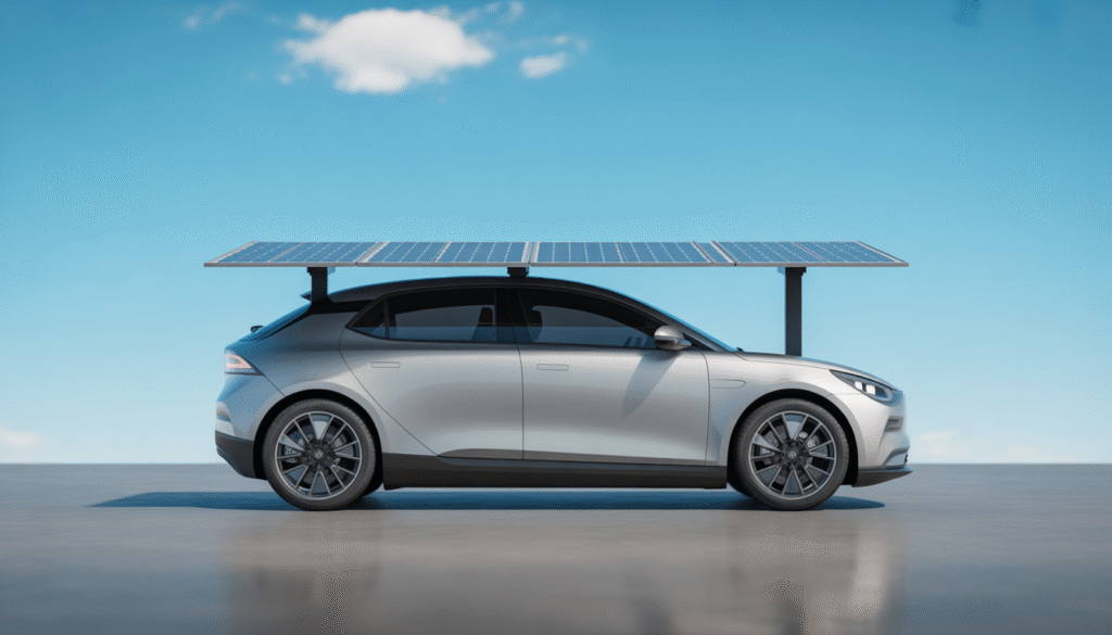 Photorealistic electric car with solar panel on roof under blue sky