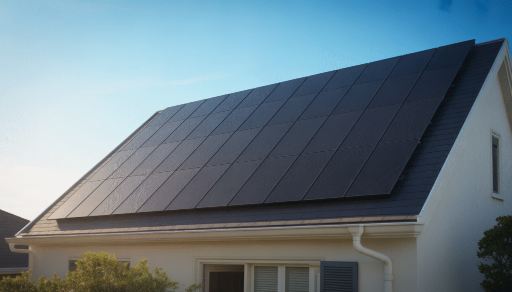 Photorealistic image of SunPower Full Black solar panel on a house roof under clear blue sky