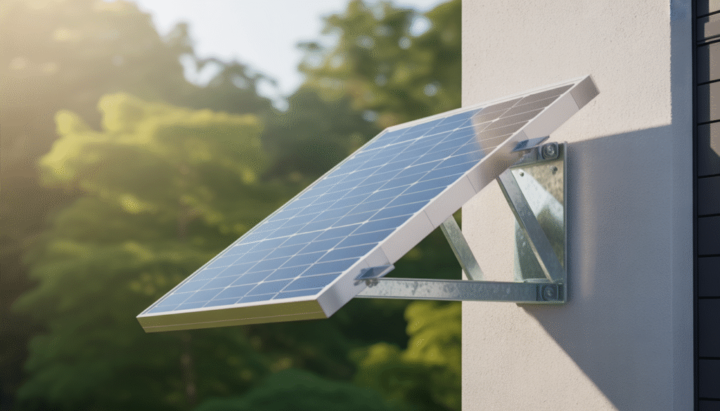 Photorealistic adjustable solar panel wall mount in sunlight