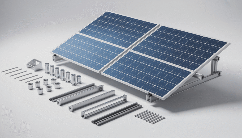 Solar panel mounting kit with aluminum brackets and stainless steel screws on neutral background