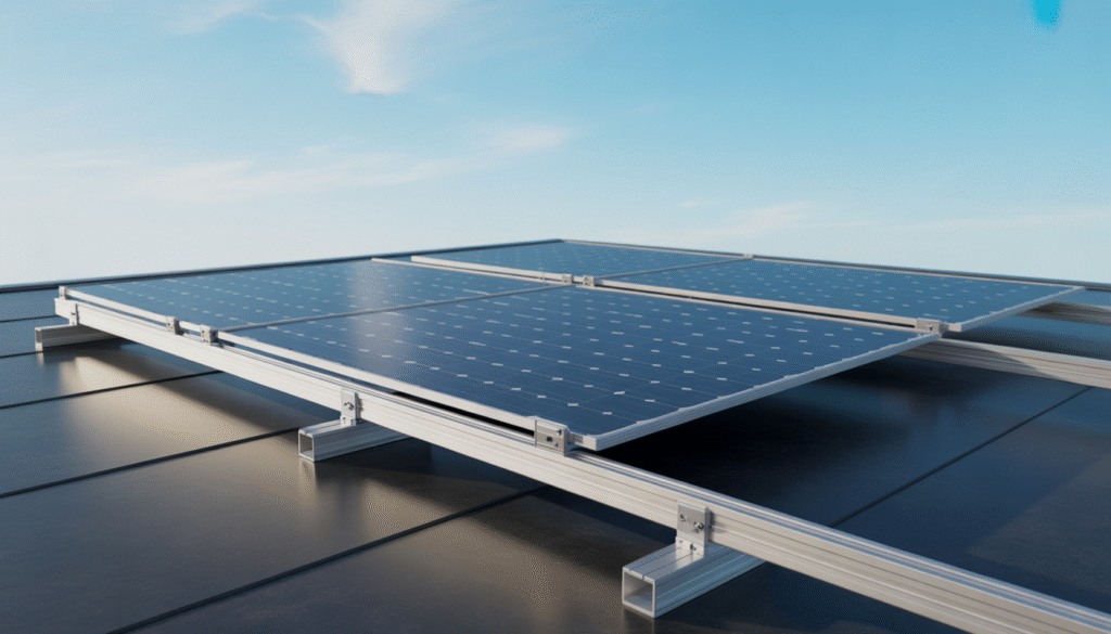 Photorealistic image of aluminum solar panel mounting rail on rooftop