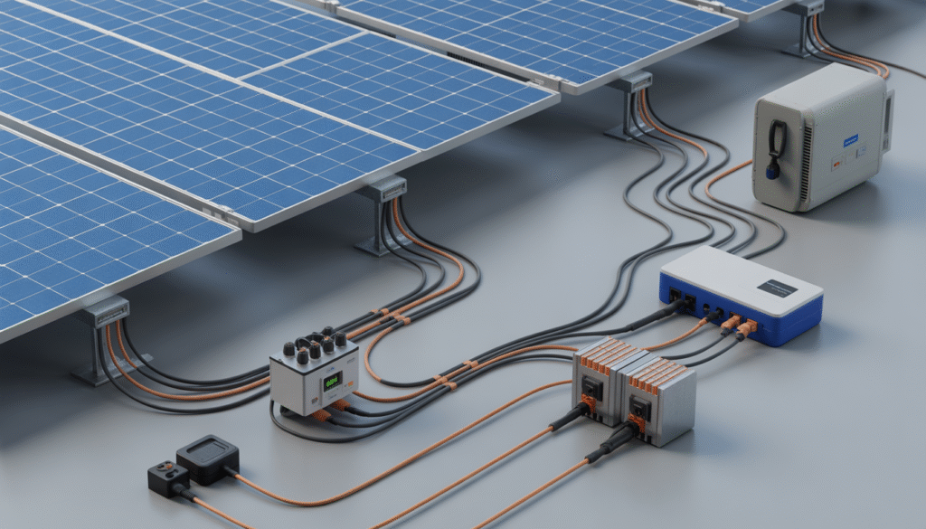 Photorealistic image of solar panel wiring with series and parallel connections