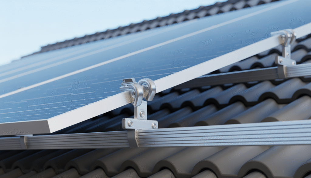 Photorealistic close-up of solar panel mounting system on roof