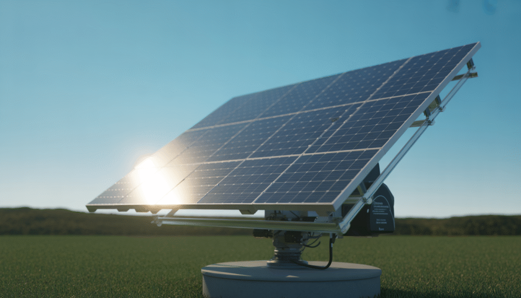 Photorealistic solar panel on motorized tracker in sunny field
