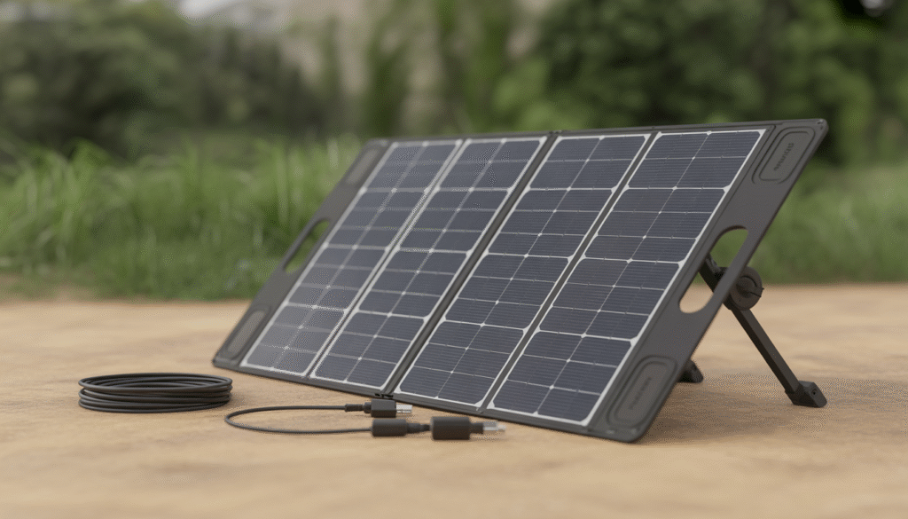 Panneau solaire pliable 100W noir avec pieds réglables en plein soleil