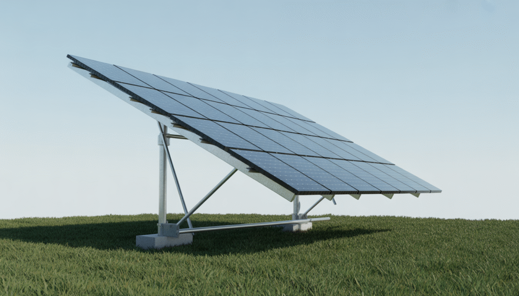 Structure métallique au sol tenant des panneaux solaires inclinés sur un champ d'herbe sous un ciel clair